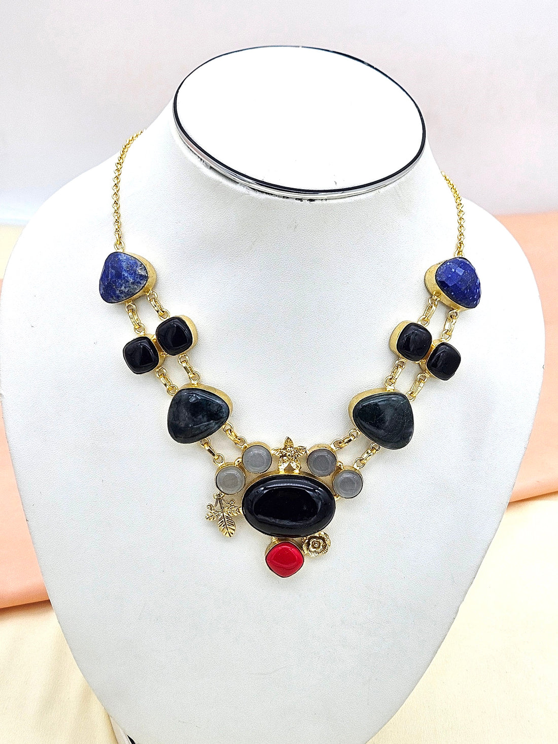 Gorgeous Gold plated Multi Color Semi Precious Stones Light Weight Statement Necklace