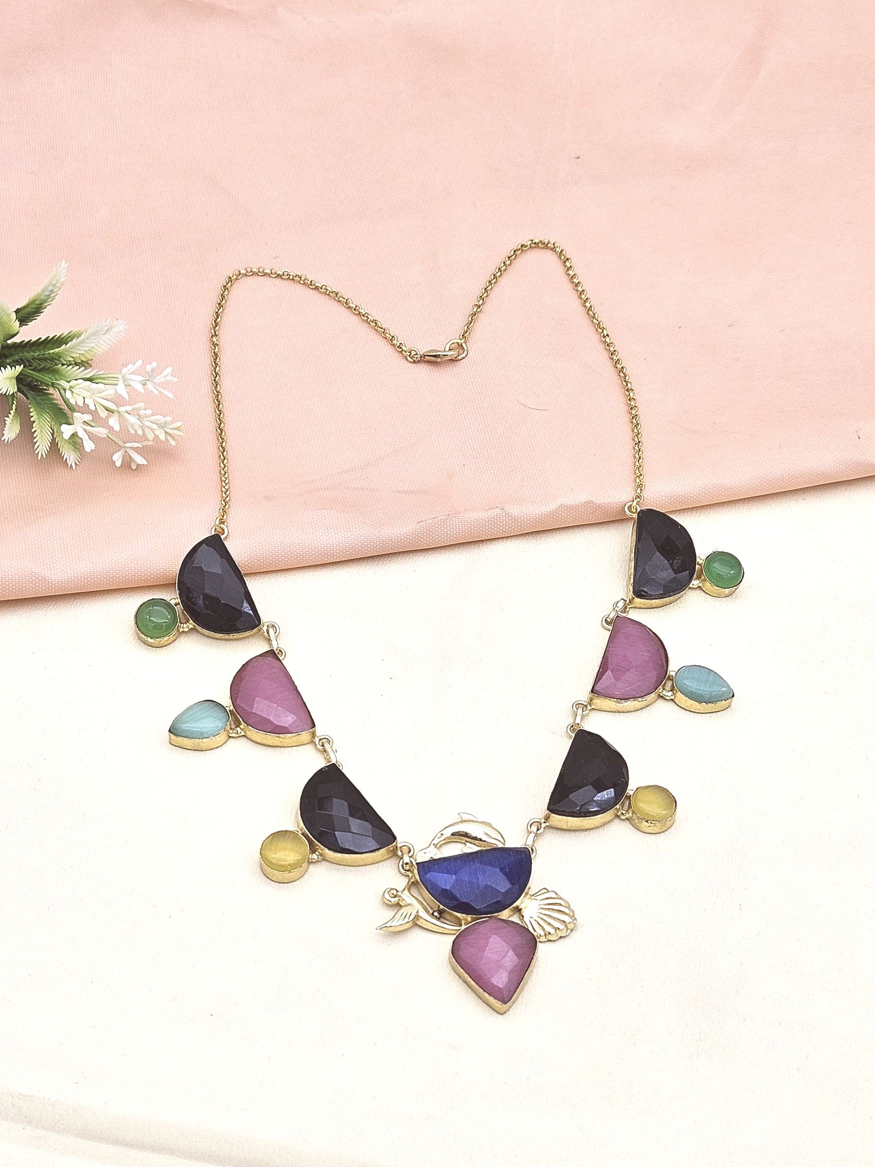 Gorgeous Gold plated Multi Color Monalisa Stones Light Weight Statement Necklace
