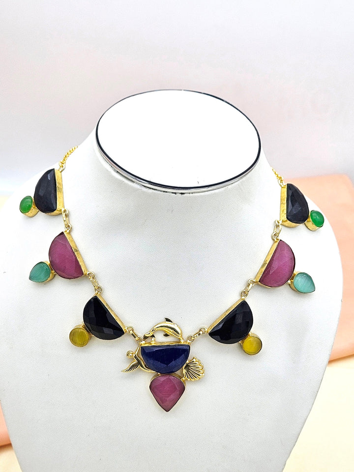 Gorgeous Gold plated Multi Color Monalisa Stones Light Weight Statement Necklace