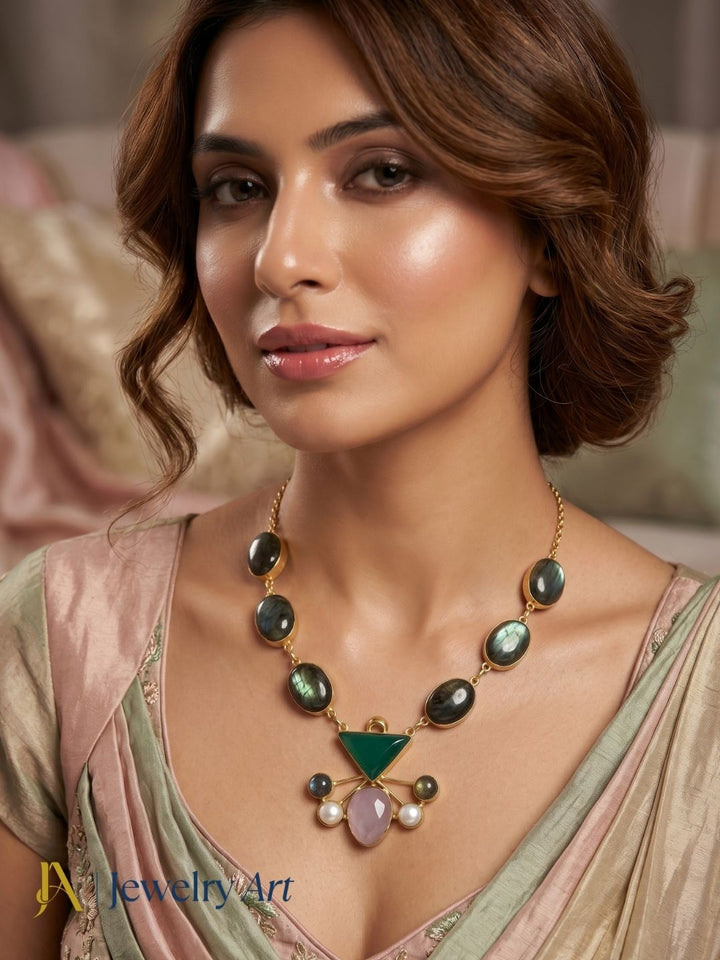 Gold plated designer necklace with natural labradorite chalcedony and rose quartz gemstones
