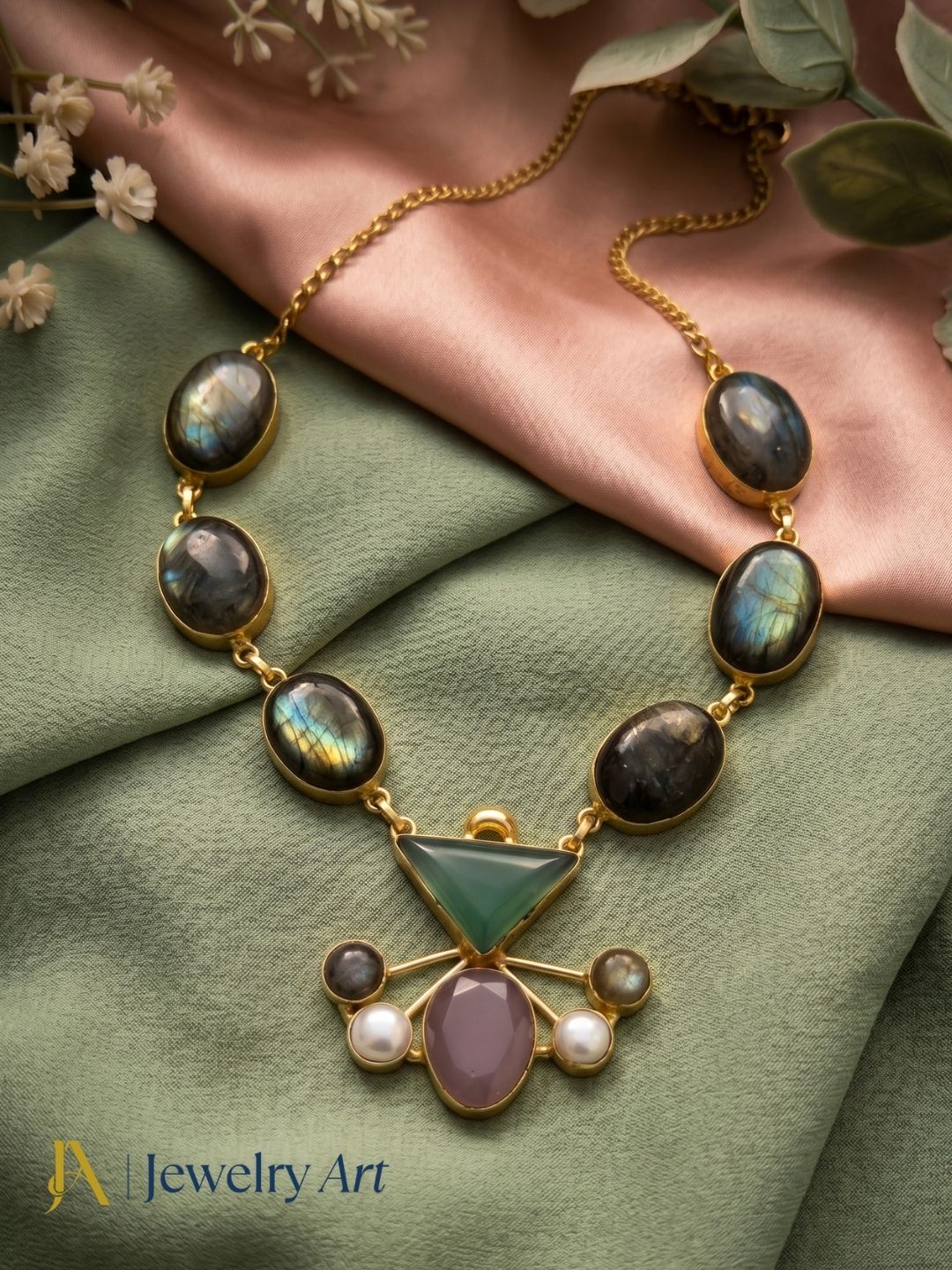 Gold plated designer necklace with natural labradorite chalcedony and rose quartz gemstones
