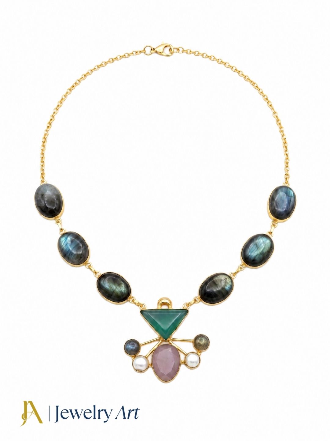 Gold plated designer necklace with natural labradorite chalcedony and rose quartz gemstones
