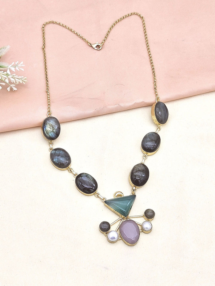 Gorgeous Gold plated Labradorite-Chalcedony-Rose Qtz.-Pearl  Light Weight Statement Necklace