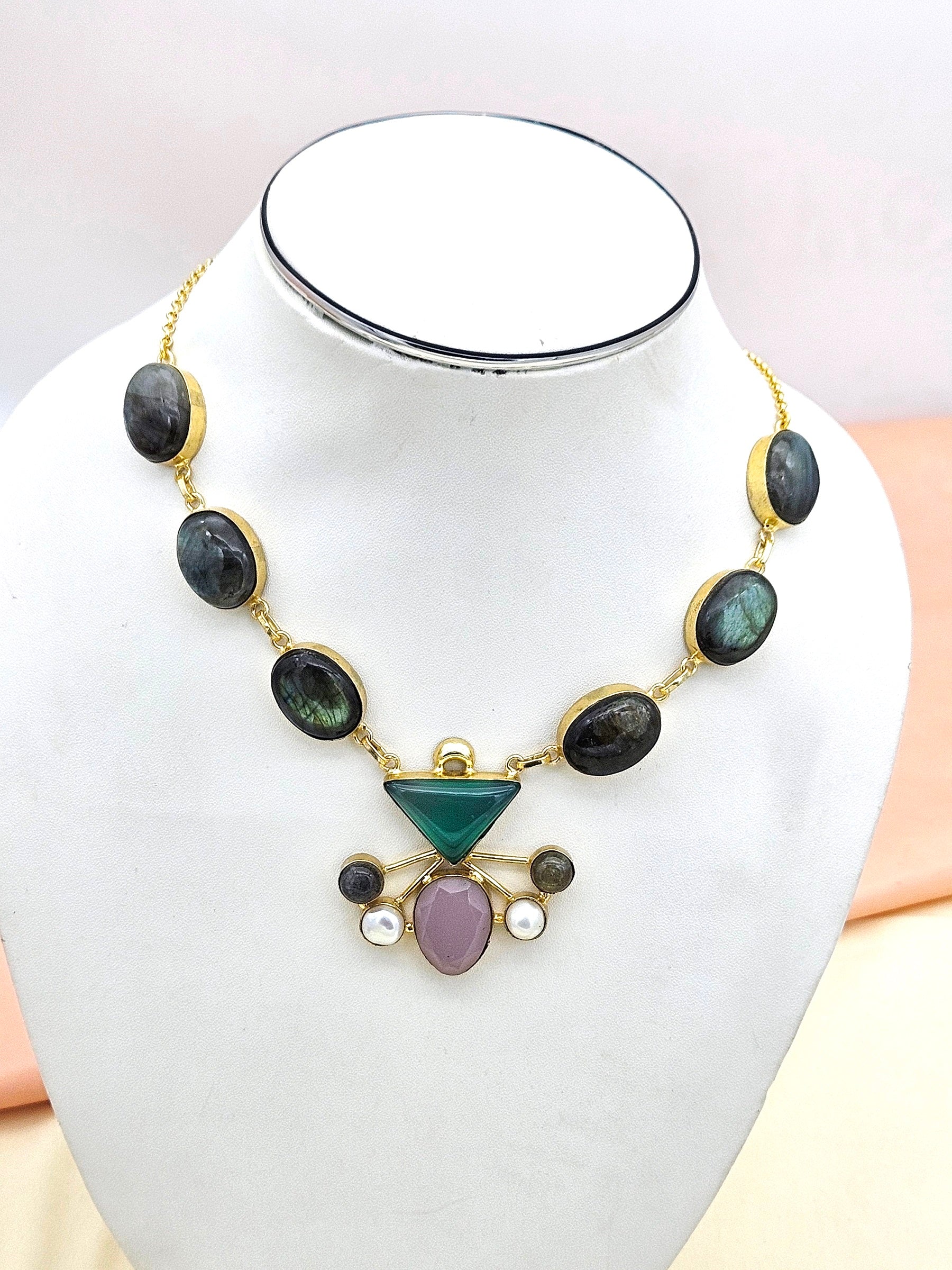 Gorgeous Gold plated Labradorite-Chalcedony-Rose Qtz.-Pearl  Light Weight Statement Necklace