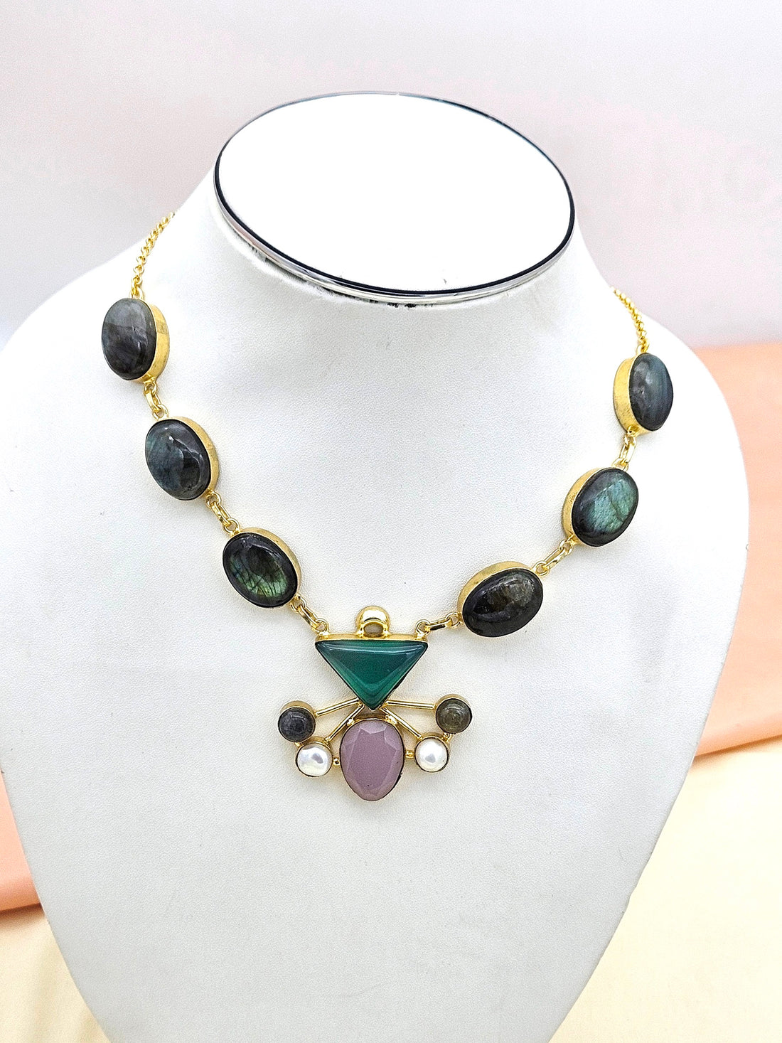 Gorgeous Gold plated Labradorite-Chalcedony-Rose Qtz.-Pearl  Light Weight Statement Necklace