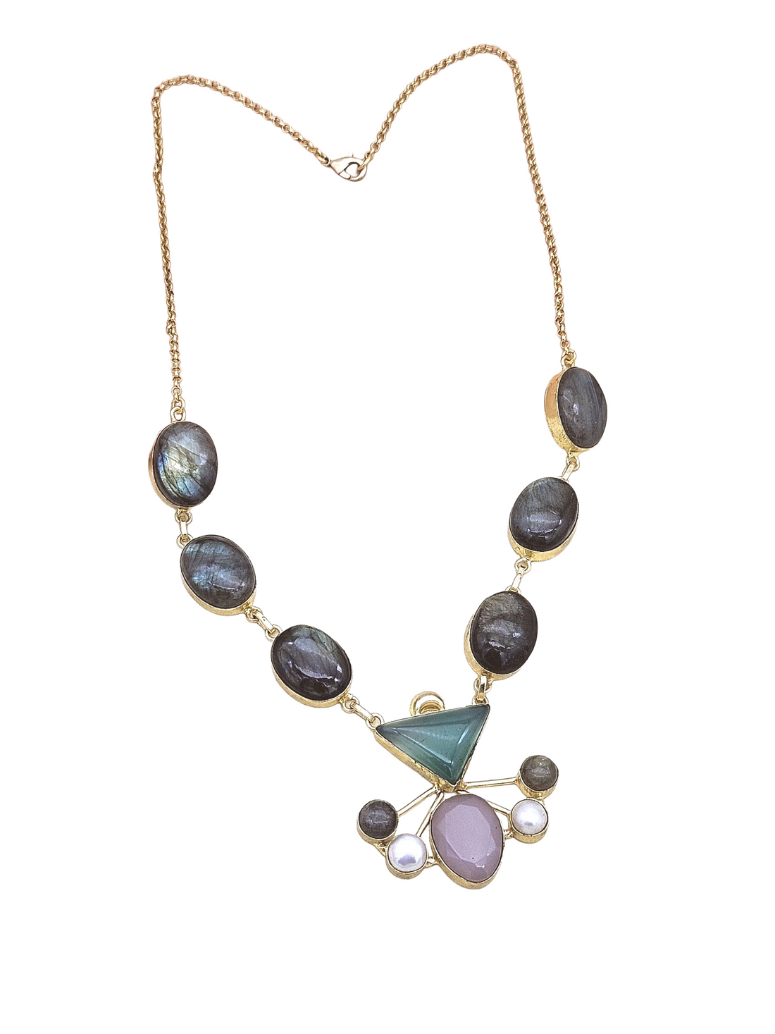 Gorgeous Gold plated Labradorite-Chalcedony-Rose Qtz.-Pearl  Light Weight Statement Necklace
