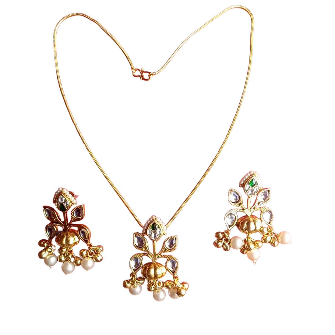 Awesome Gold plated Green-White Glass Motif-Synthetic Polky Light weight Chain Pendant-Earring Set