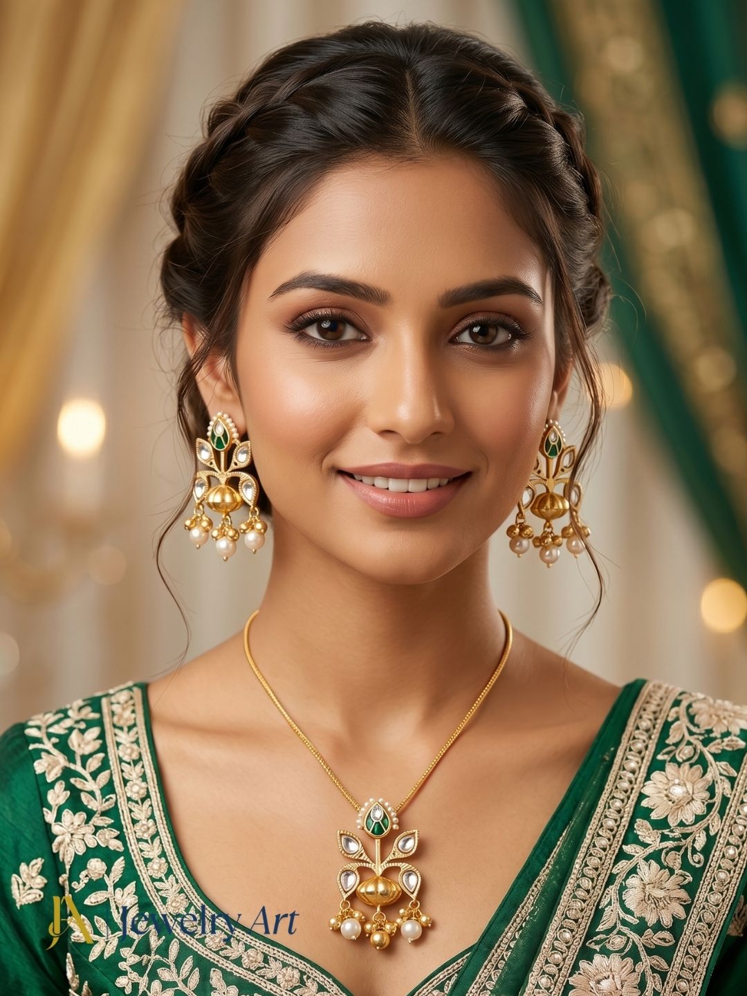 Elegant gold plated set with white green glass stones and polky detailing lightweight design
