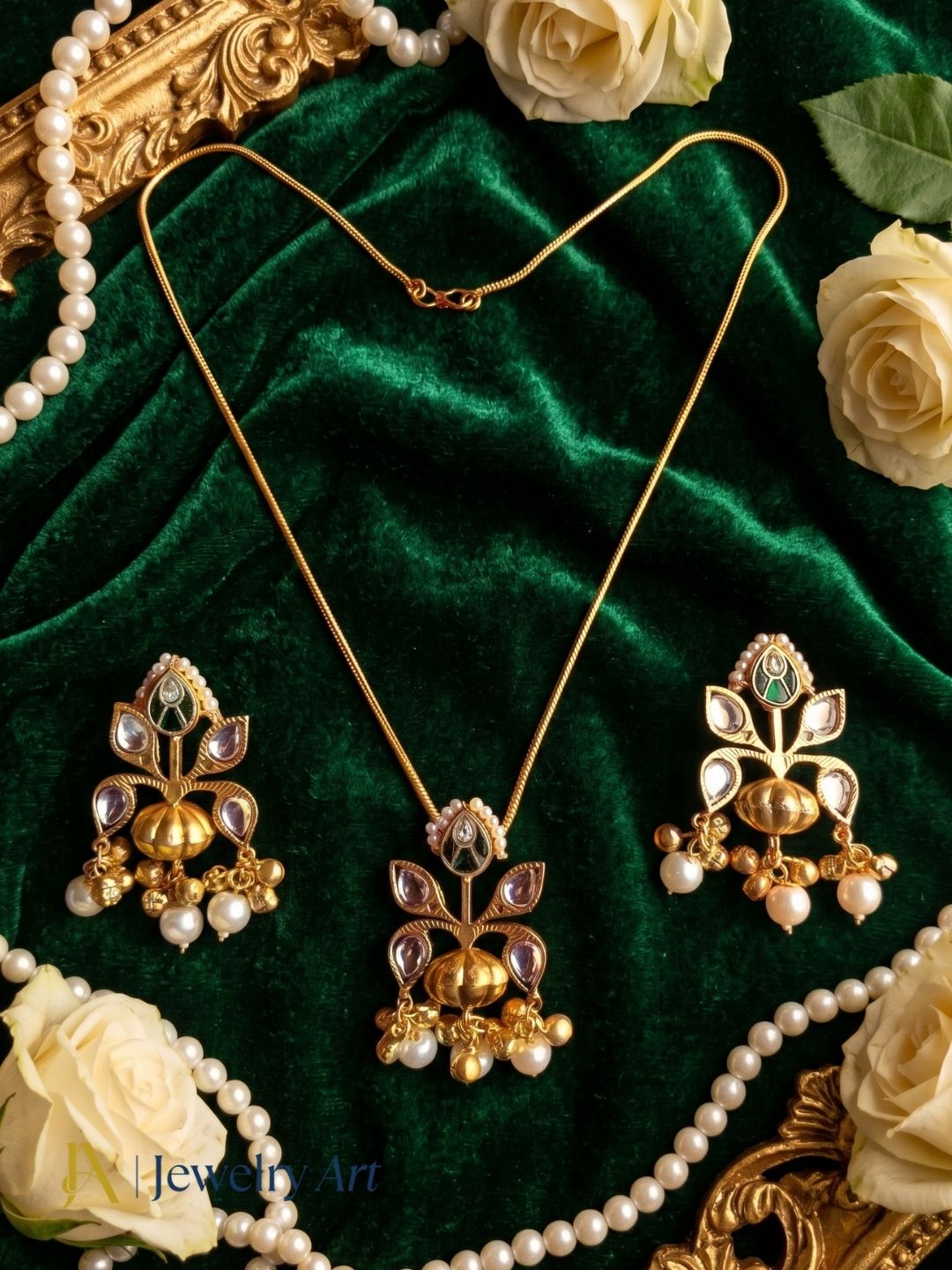 Awesome Gold plated White-Green Glass Motif-Synthetic Polky Light weight Chain Pendant-Earring Set