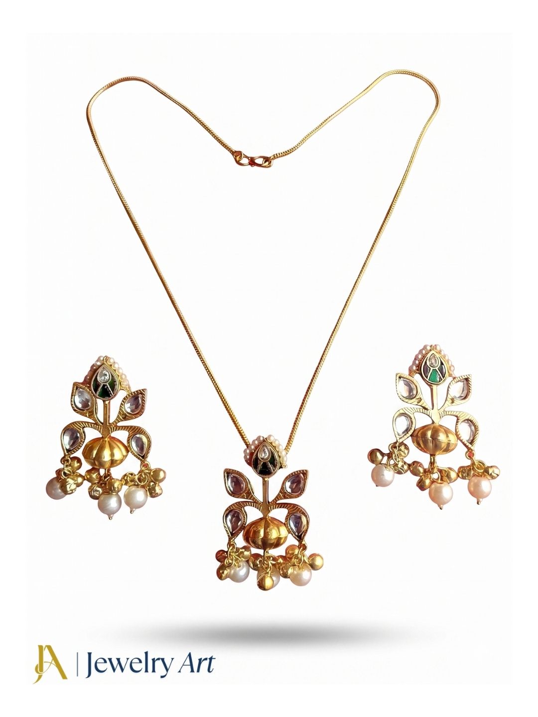 Awesome Gold plated White-Green Glass Motif-Synthetic Polky Light weight Chain Pendant-Earring Set