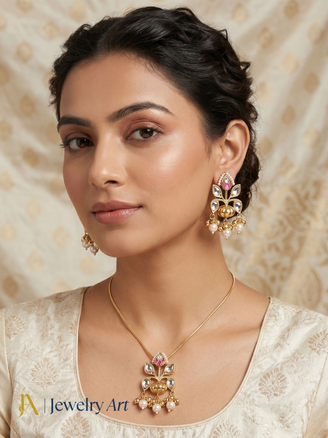 Lightweight gold plated jewelry set white red glass motif with polky detailing
