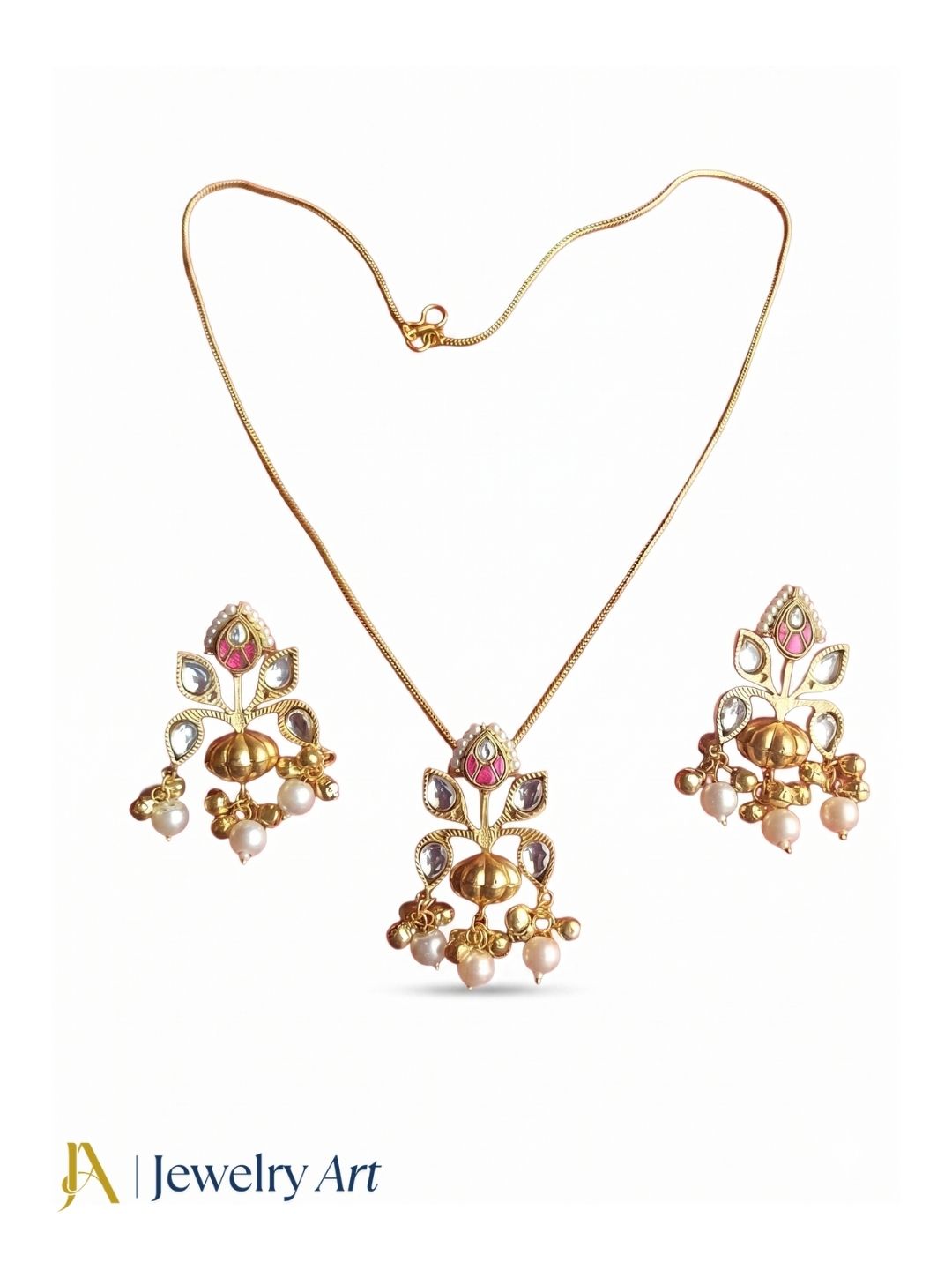Awesome Gold plated White-Red Glass Motif-Synthetic Polky Light weight Chain Pendant-Earring Set