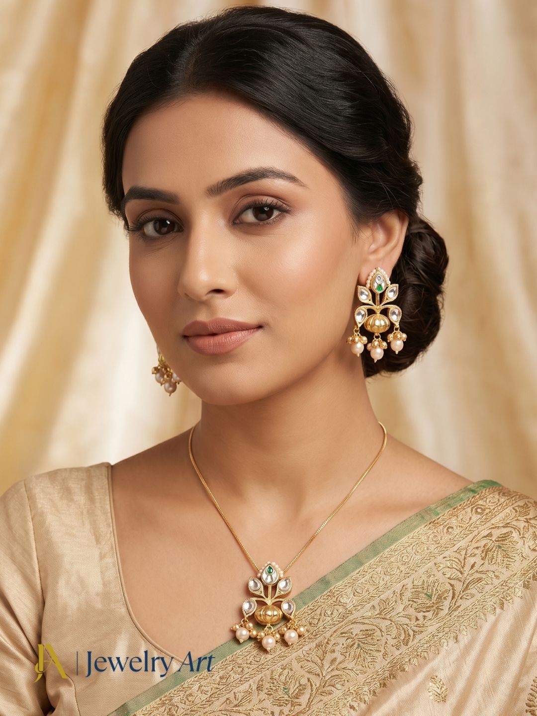 Gold tone pendant earring set with white green glass stones and synthetic polky design

