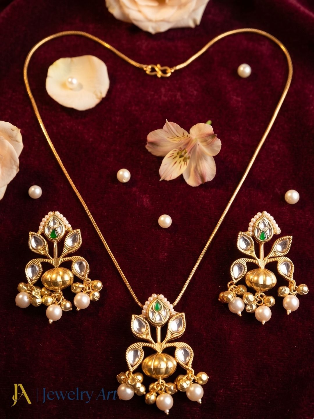 Awesome Gold plated White-Green Glass Motif-Synthetic Polky Light weight Chain Pendant-Earring Set