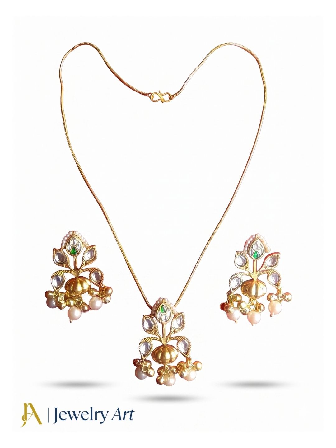 Awesome Gold plated White-Green Glass Motif-Synthetic Polky Light weight Chain Pendant-Earring Set