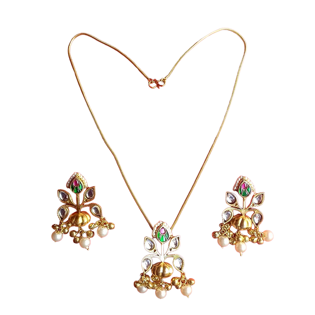 Awesome Gold plated Green-Red Glass Motif-Synthetic Polky Light weight Chain Pendant-Earring Set