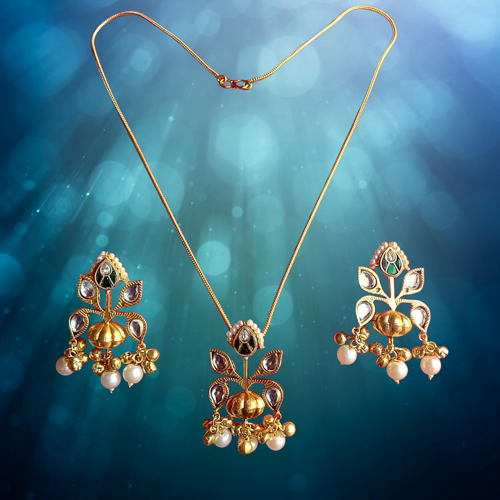 Awesome Gold plated White-Green Glass Motif-Synthetic Polky Light weight Chain Pendant-Earring Set
