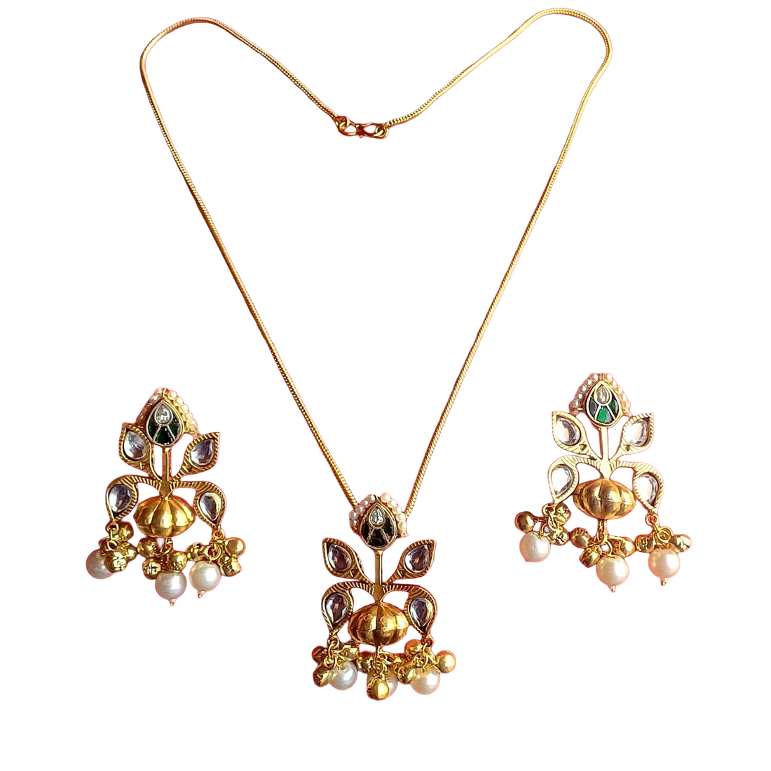 Awesome Gold plated White-Green Glass Motif-Synthetic Polky Light weight Chain Pendant-Earring Set