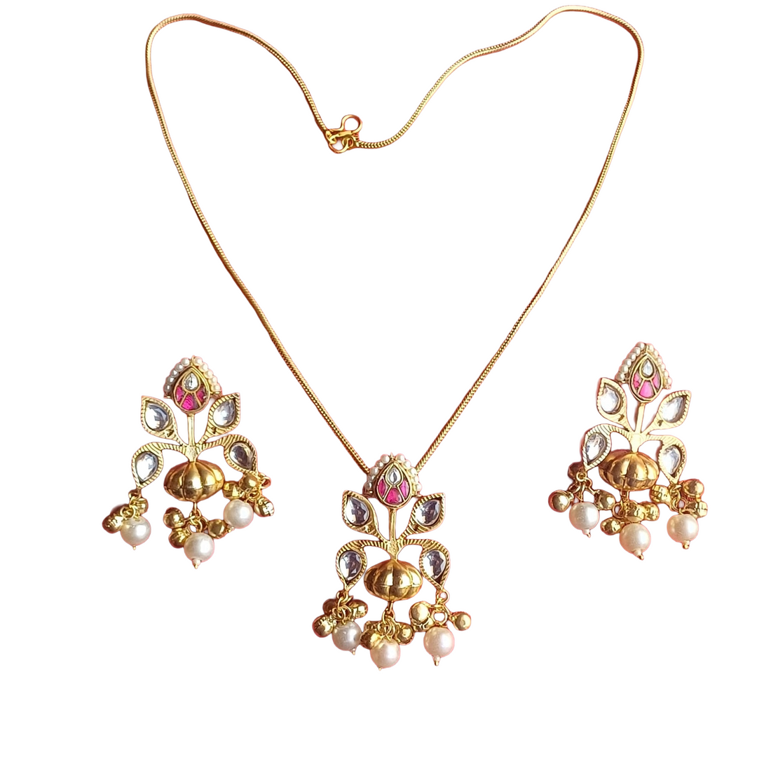 Awesome Gold plated White-Red Glass Motif-Synthetic Polky Light weight Chain Pendant-Earring Set