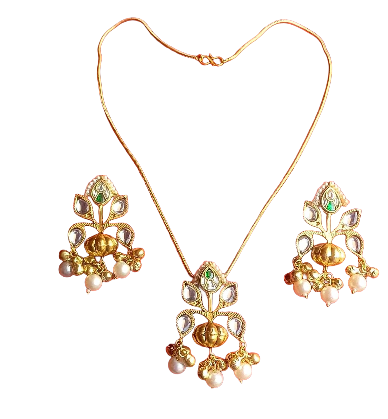 Awesome Gold plated White-Green Glass Motif-Synthetic Polky Light weight Chain Pendant-Earring Set