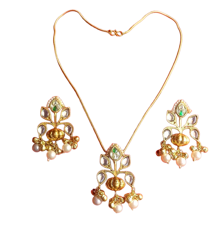 Awesome Gold plated White-Green Glass Motif-Synthetic Polky Light weight Chain Pendant-Earring Set