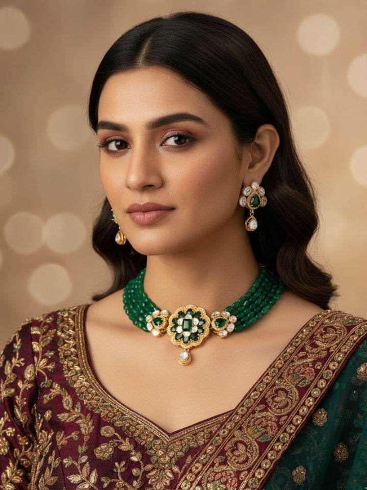 Amazing Broad Antique Gold  AD-Green Jade Kundan Polky Choker Necklace-Earring Set