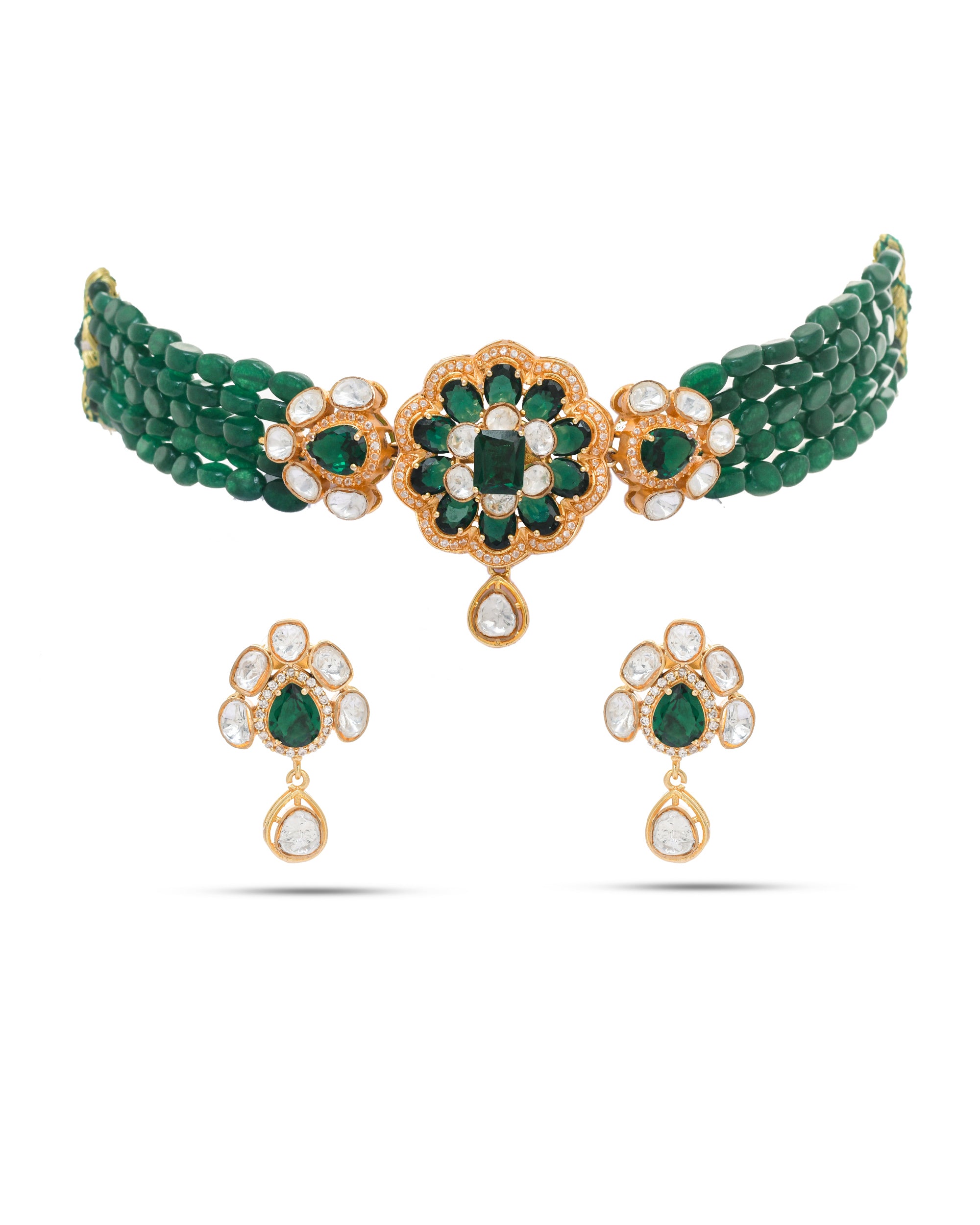 Broad antique gold choker necklace and earrings set with green jade and Kundan Polky stones – designer ethnic jewelry
