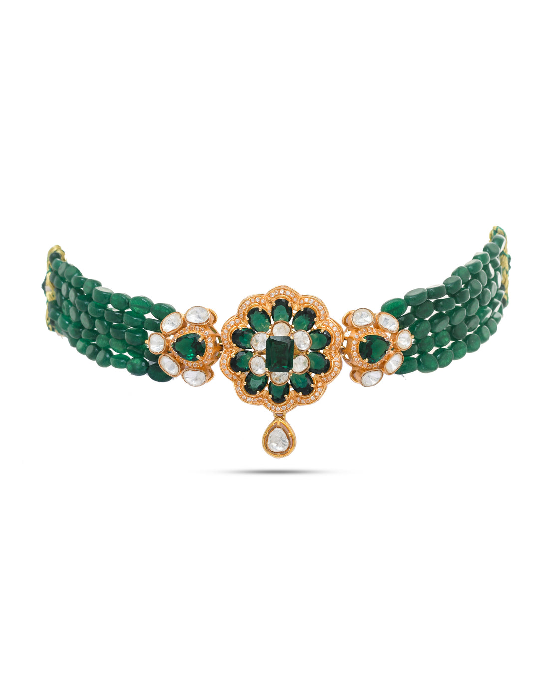 Green jade and Kundan Polky stone choker necklace – antique gold finish, wide design
