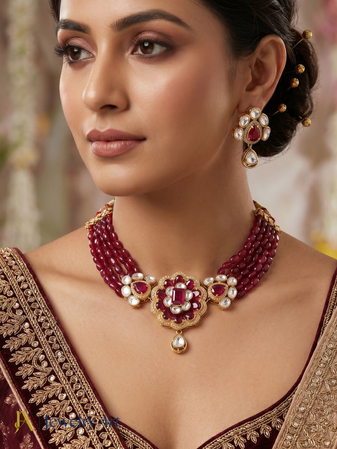 Designer broad choker necklace earrings set with red hydro quartz detailing
