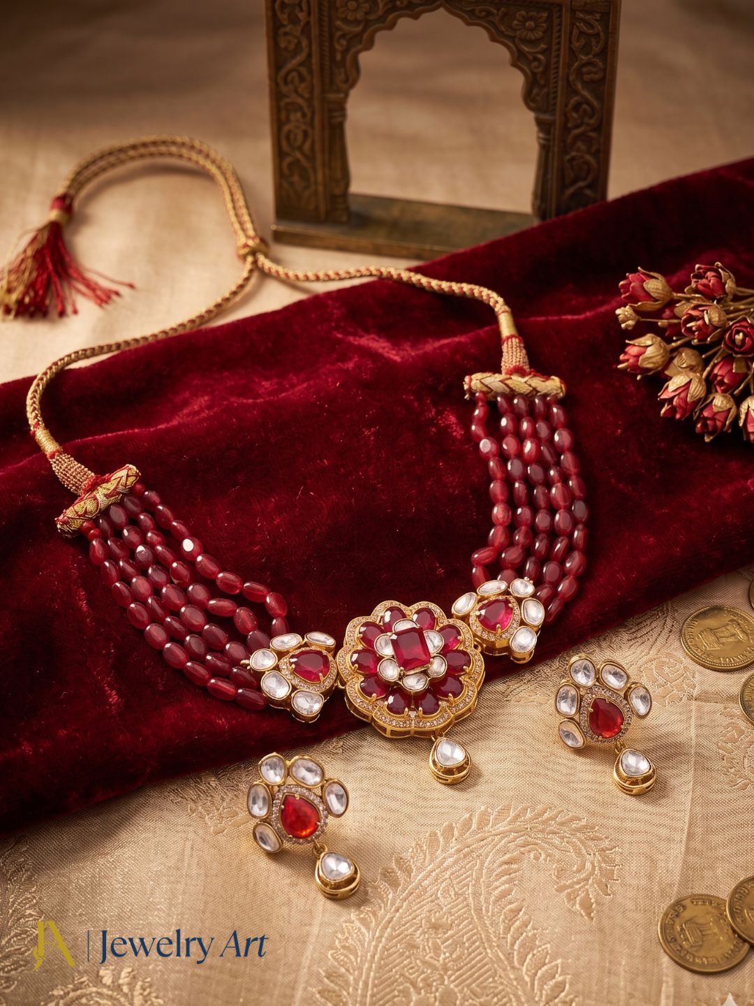 Designer broad choker necklace earrings set with red hydro quartz detailing
