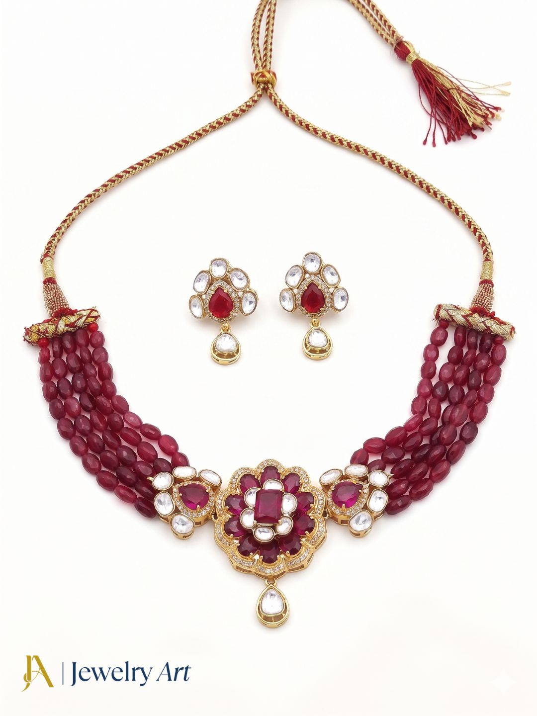 Designer broad choker necklace earrings set with red hydro quartz detailing
