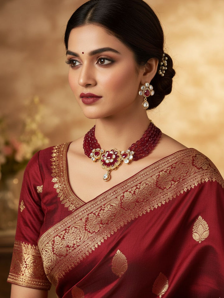 Amazing Broad Antique Gold  AD-Red Hydro Quartz Kundan Polky Choker Necklace-Earring Set