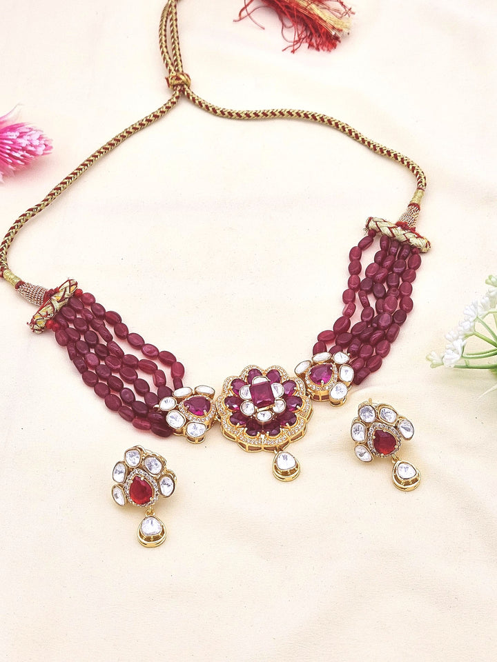 Antique gold choker set with red hydro quartz and Kundan Polki
