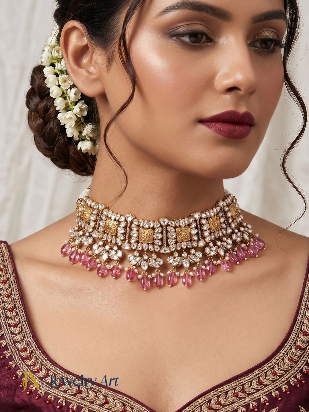 Designer gold plated necklace with red hydro quartz and synthetic polky detailing
