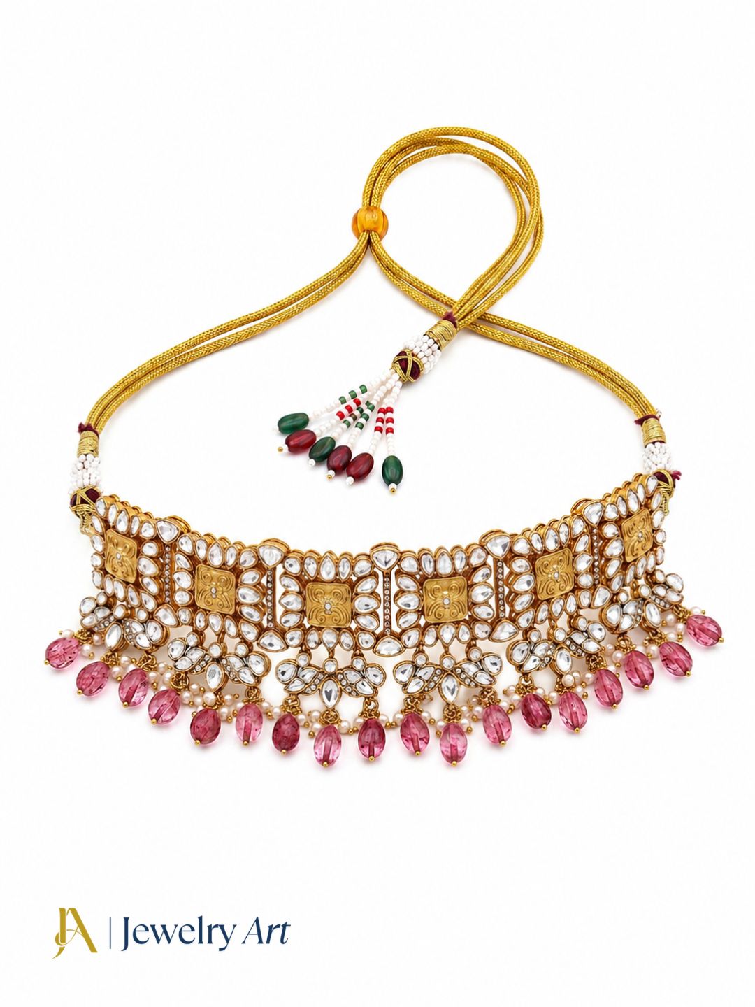 Designer gold plated necklace with red hydro quartz and synthetic polky detailing
