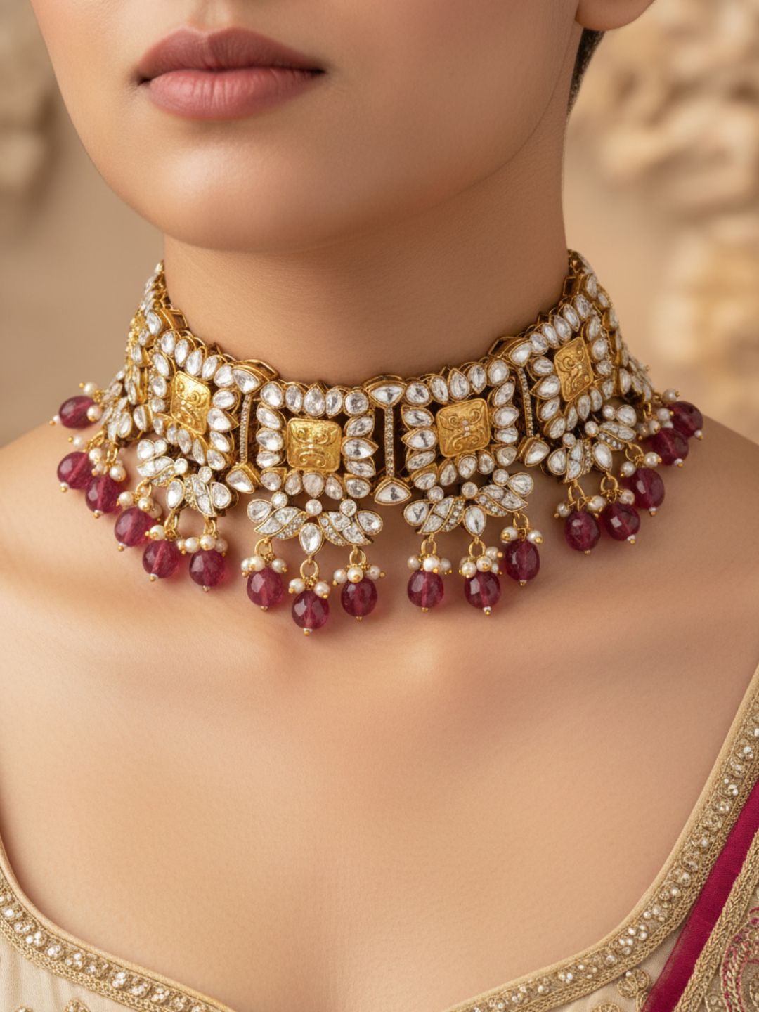 CHARMING GOLD PLATED AD-SYNTHETIC POLKY RED HYDRO QUARTZ CHOKER  NECKLACE