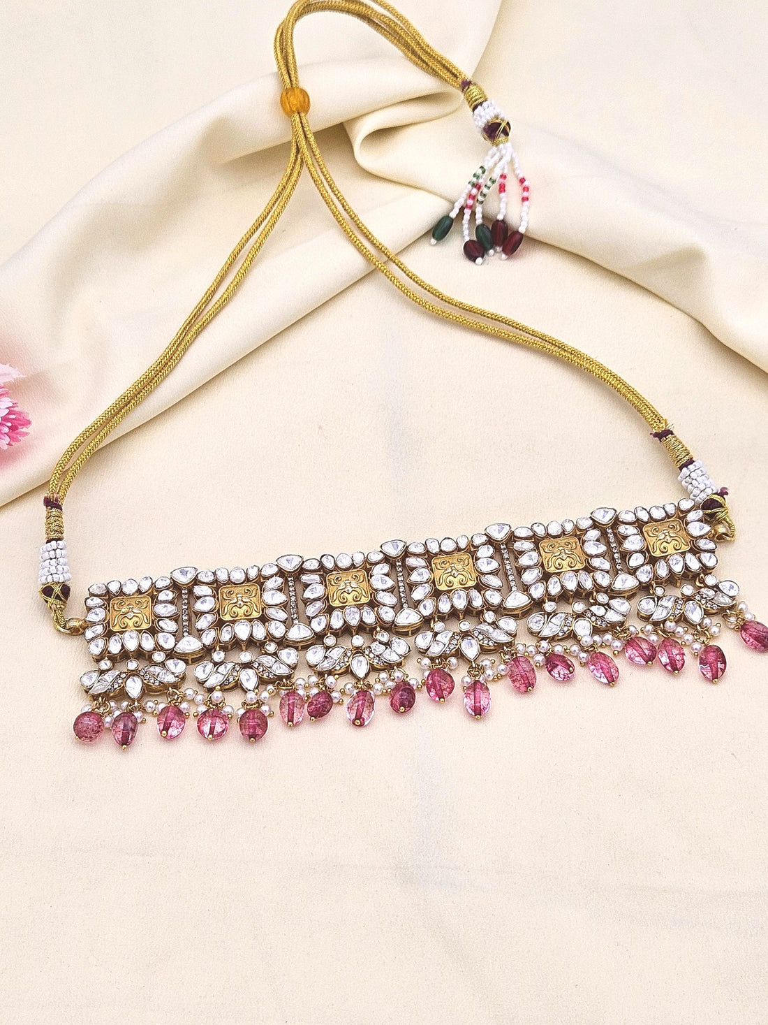 Charming gold plated AD Polky red hydro quartz choker necklace – elegant festive jewellery for women