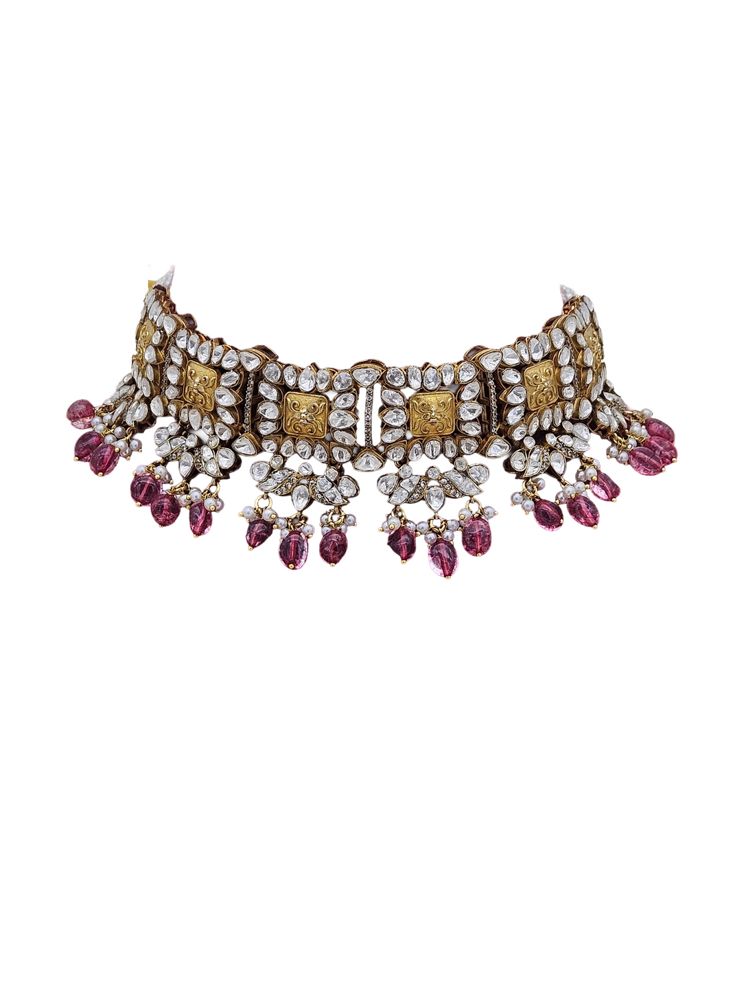 Traditional gold-plated choker necklace with red hydro quartz stones and polki detailing – festive jewellery for women
