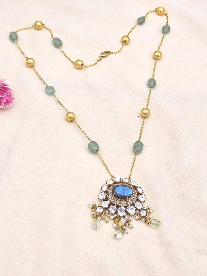 Gorgeous Antique Gold plated AD-Labradorite Stone- Polky-Green Jade Stone Beads-Pearl Light Weight Chain Pendant - Gift for Her