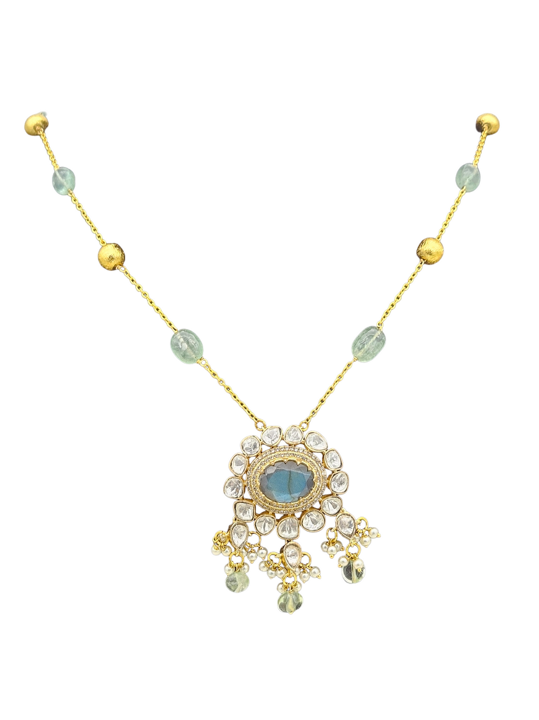 Gorgeous Antique Gold plated AD-Labradorite Stone- Polky-Green Jade Stone Beads-Pearl Light Weight Chain Pendant - Gift for Her