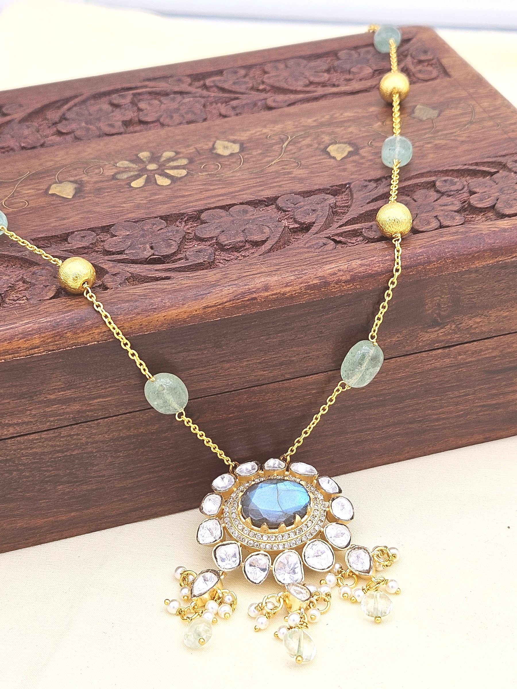 Gorgeous Antique Gold plated AD-Labradorite Stone- Polky-Green Jade Stone Beads-Pearl Light Weight Chain Pendant - Gift for Her