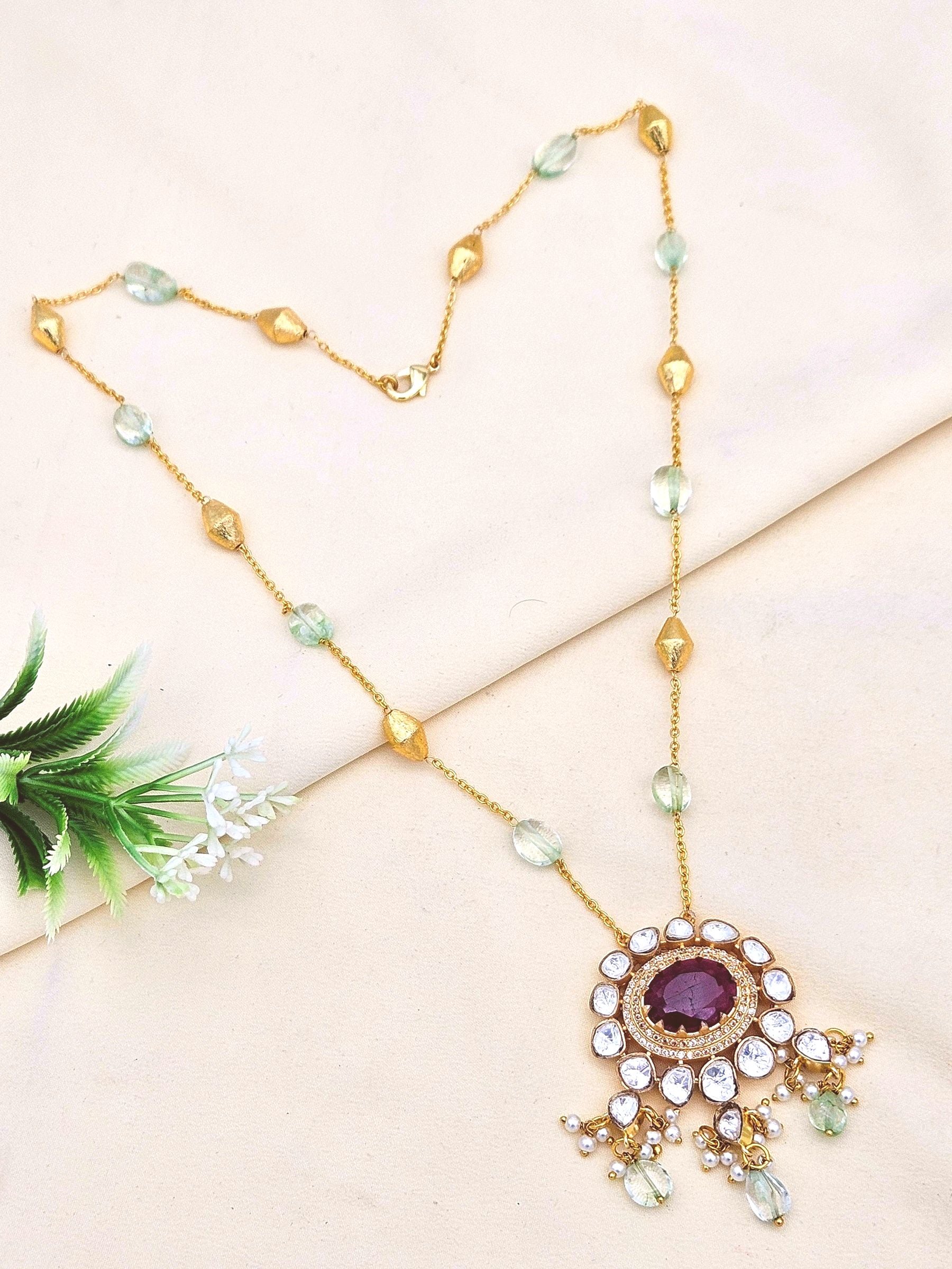 Gorgeous Antique Gold plated AD Brass Kundan Polky -Red Beryl-Light Green Jade Gem Stone Beads-Shell Perl  Light Weight Chain Pendant - Gift for Her