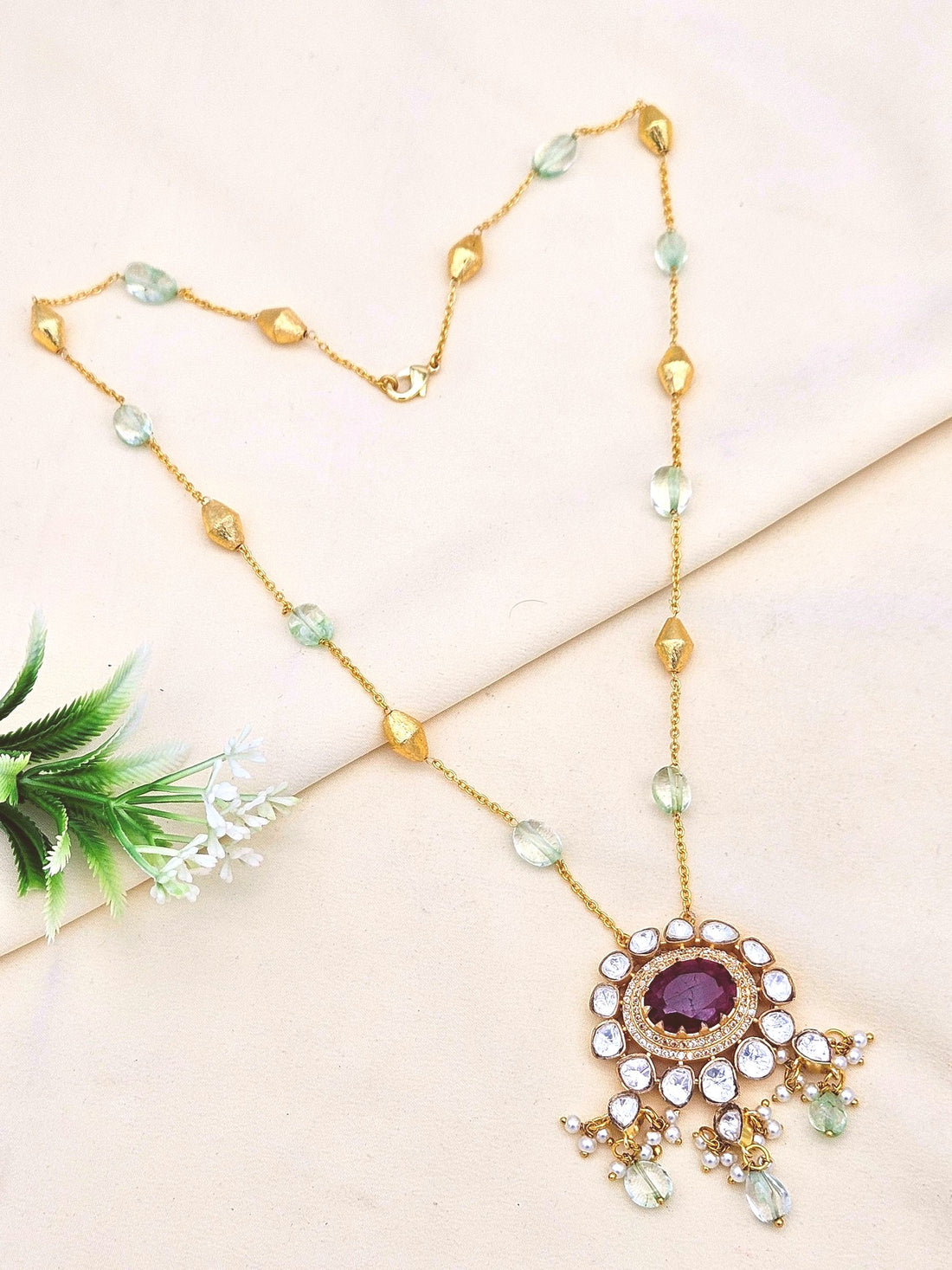 Gorgeous Antique Gold plated AD Brass Kundan Polky -Red Beryl-Light Green Jade Gem Stone Beads-Shell Perl  Light Weight Chain Pendant - Gift for Her