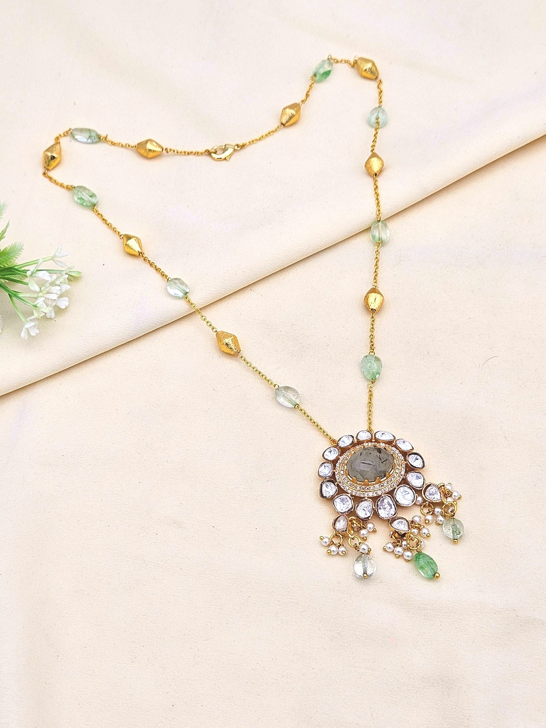 Gorgeous Antique Gold plated AD Brass Kundan Polky -Prehnite-Light Green Jade Gem Stone Beads-Shell Perl  Light Weight Chain Pendant - Gift for Her