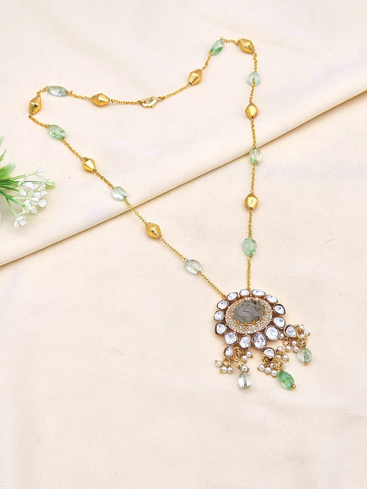 Gorgeous Antique Gold plated AD Brass Kundan Polky -Prehnite-Light Green Jade Gem Stone Beads-Shell Perl  Light Weight Chain Pendant - Gift for Her