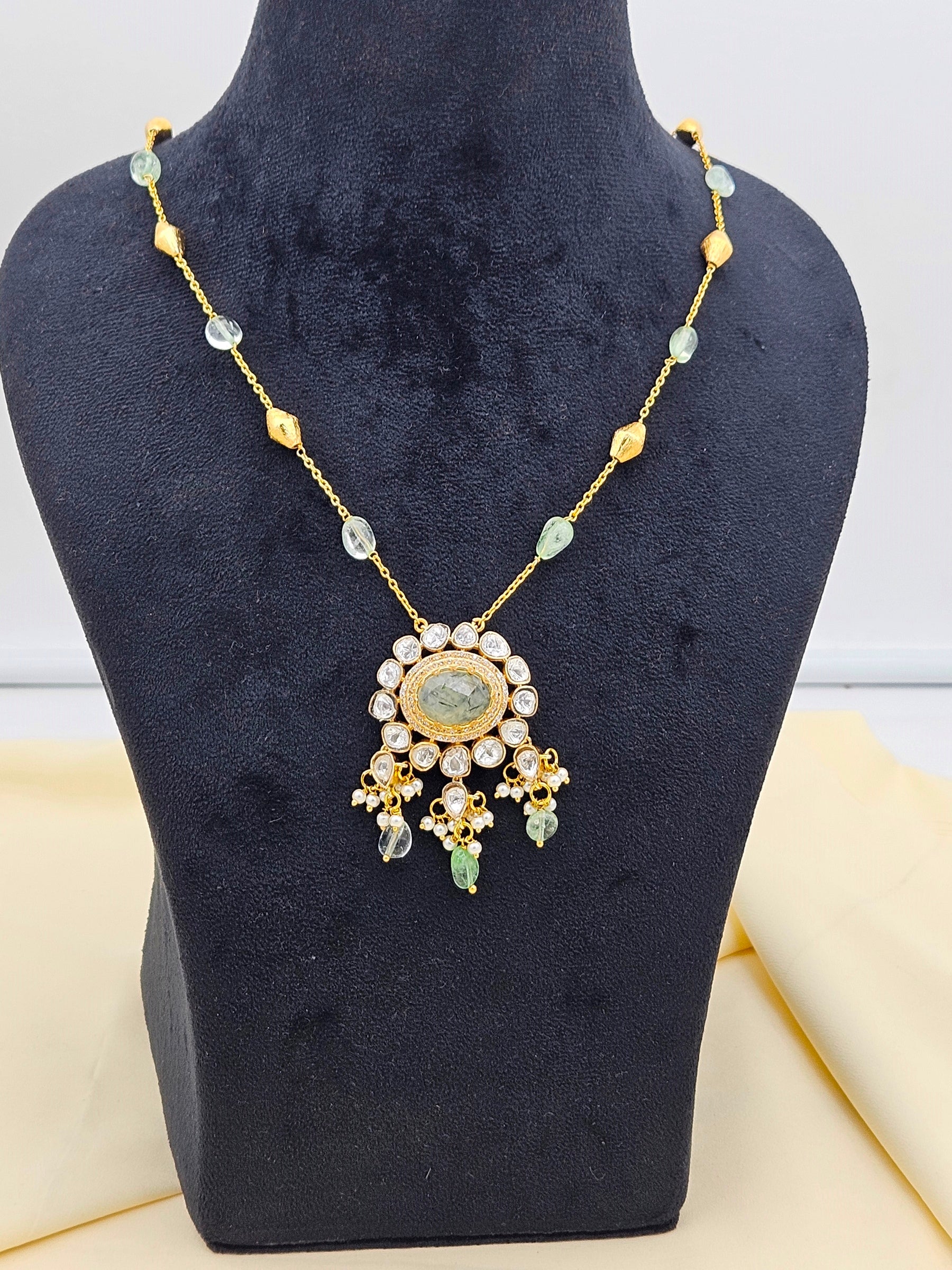 Gorgeous Antique Gold plated AD Brass Kundan Polky -Prehnite-Light Green Jade Gem Stone Beads-Shell Perl  Light Weight Chain Pendant - Gift for Her