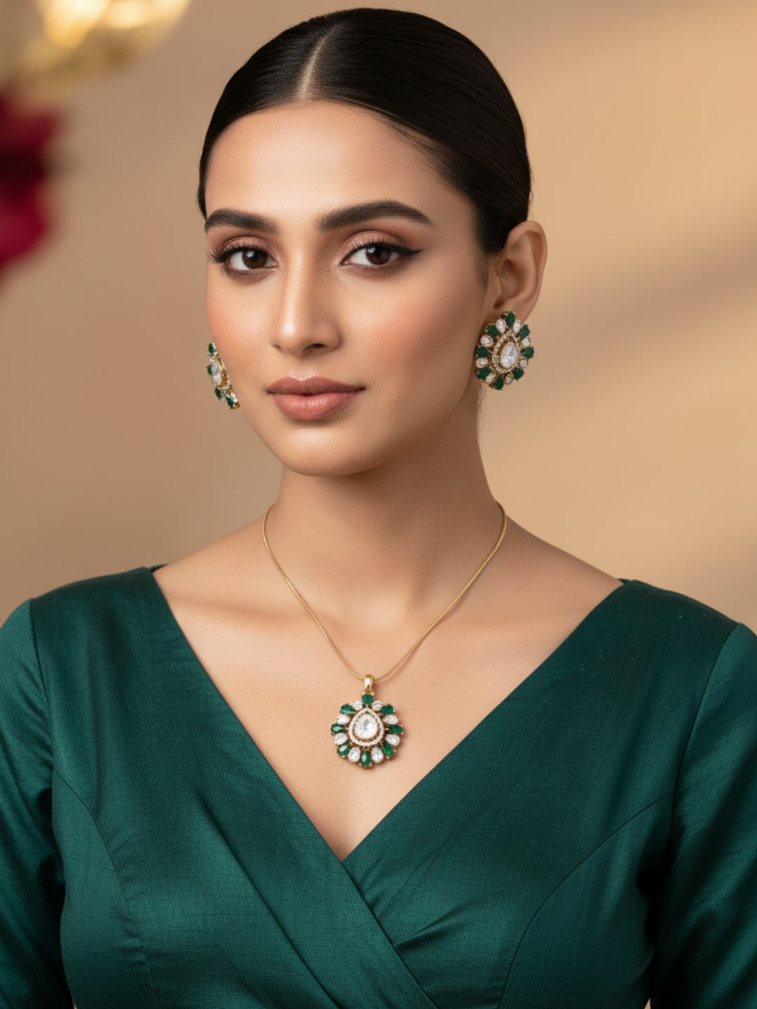 Exquisite AD-Polky-Green Hydro Quartz Designer Light Weight Chain Pendant-Earring Set- Gift for Her