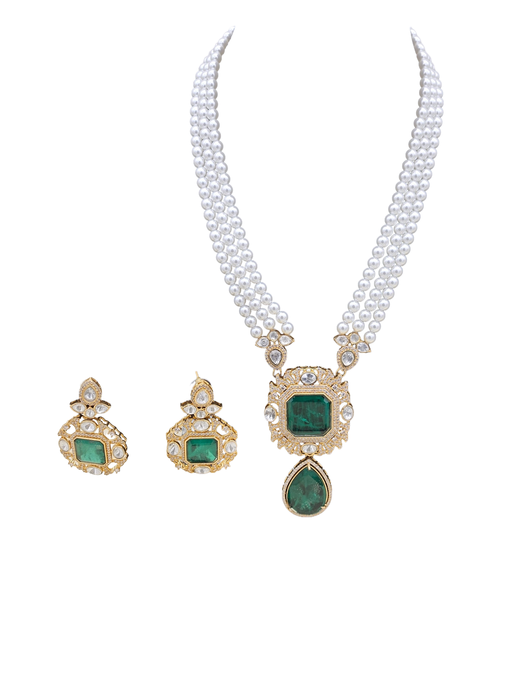 GORGEOUS GOLD PLATED AD-POLKY GREEN DOUBLET QUARTZ SHELL PEARL STATEMENT NECKLACE-EARRING SET