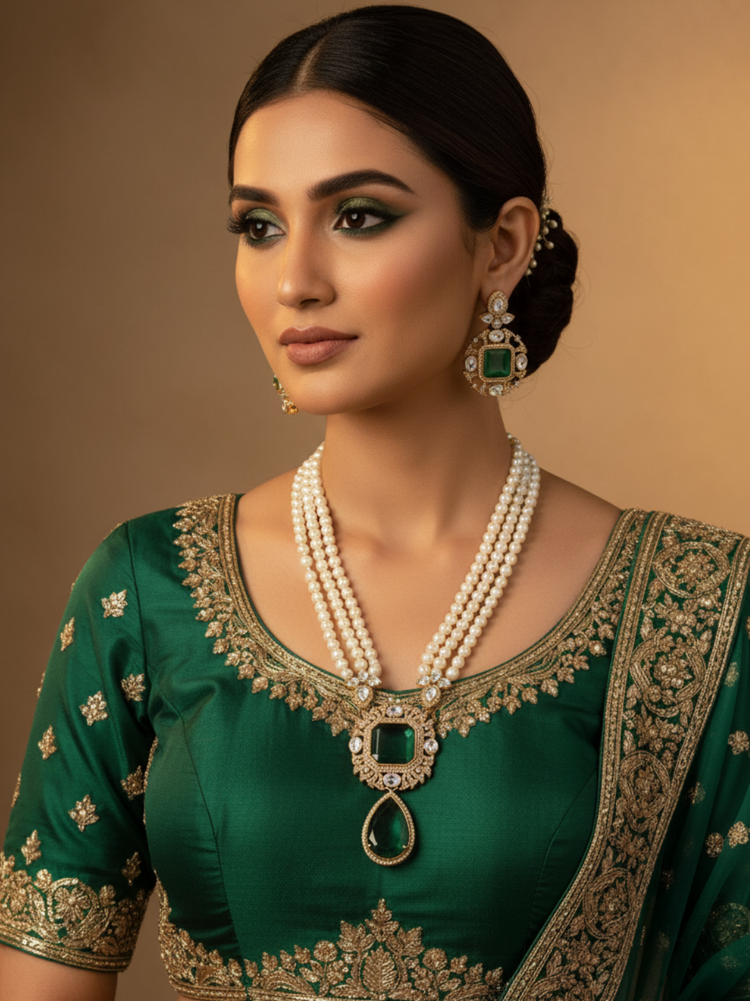 GORGEOUS GOLD PLATED AD-POLKY GREEN DOUBLET QUARTZ SHELL PEARL STATEMENT NECKLACE-EARRING SET