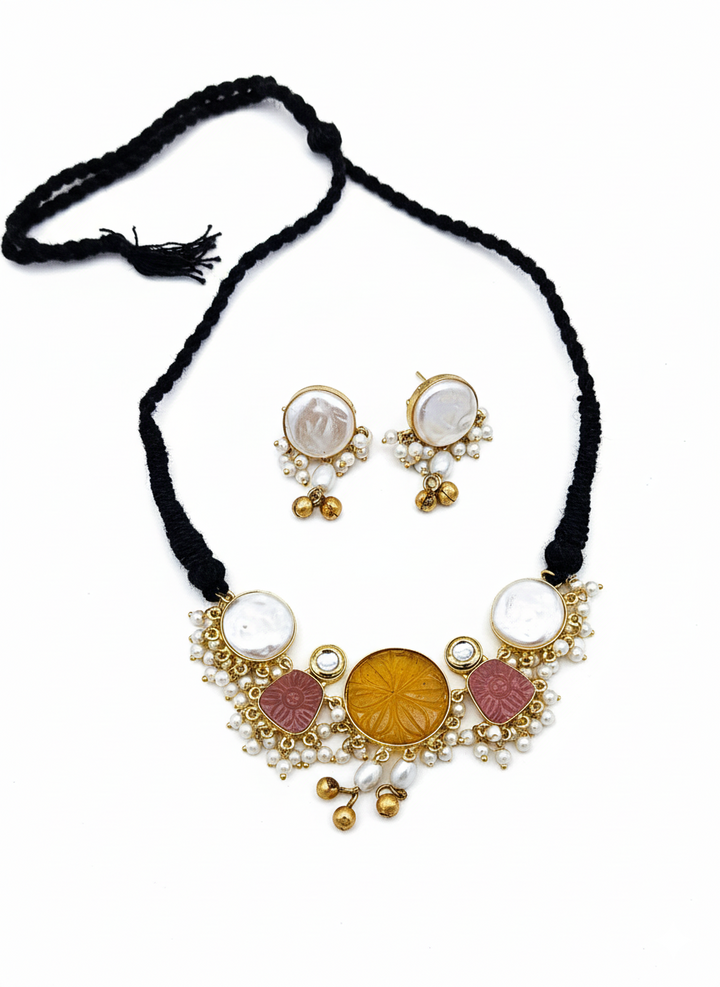Antique Gold Plated Synthetic Pearl- Pink & Yellow Glass Carving  Stone-Faux Kundan Polky Choker Necklace-Earring Set